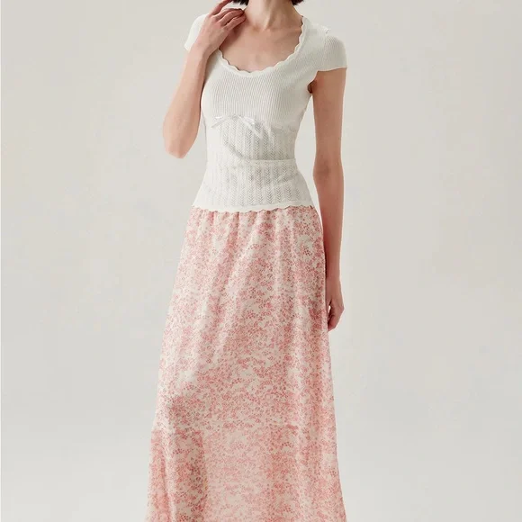 Rihoas Pink Floral Elastic Waist Flared Skirt - Picture 4 of 8